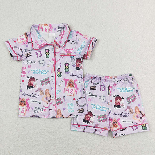 Baby Toddler Girls Purple Singer 1989 Short Sleeve Tee Top Shorts Pajamas Clothes Sets