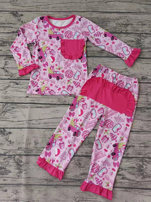 Baby Girls Pink Ruffle Christmas Tree Shirt Top Pants Pajamas Clothes Sets Preorder(moq 5)