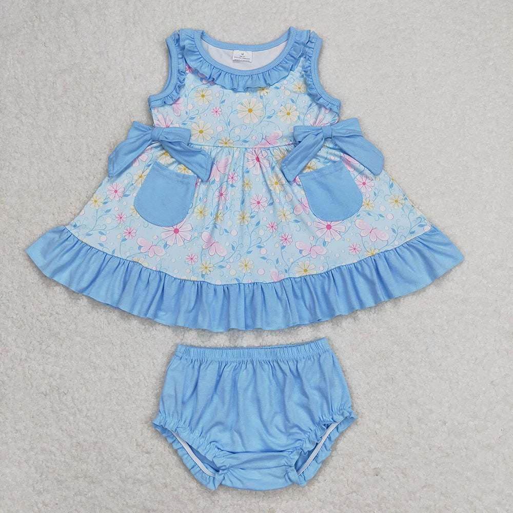 Baby Girls Blue Pocket Pink Flowers Sleeveless Top Summer Bummies Clothes Sets