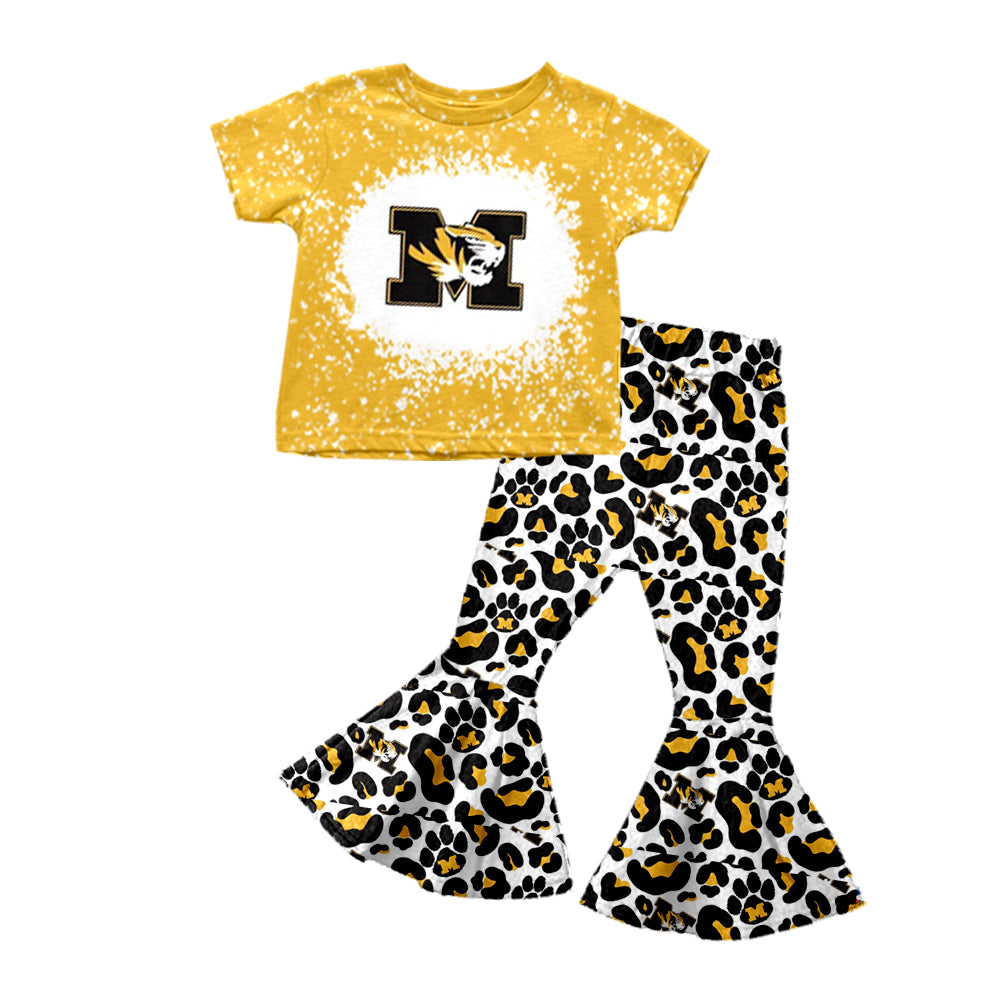 Baby Girls Team M mustard Tee Shirt Leopard Bell Pants Clothing Sets preorder(moq 5)