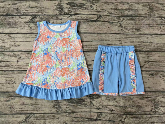 Baby Girls Water Flowers Tunic Top Ruffle Shorts Clothes Sets