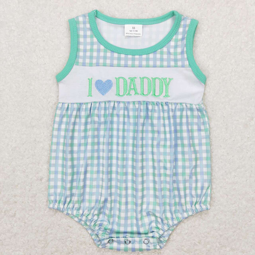 Baby Infant Boys I Love Daddy Blue Checkered Sleeveless Rompers