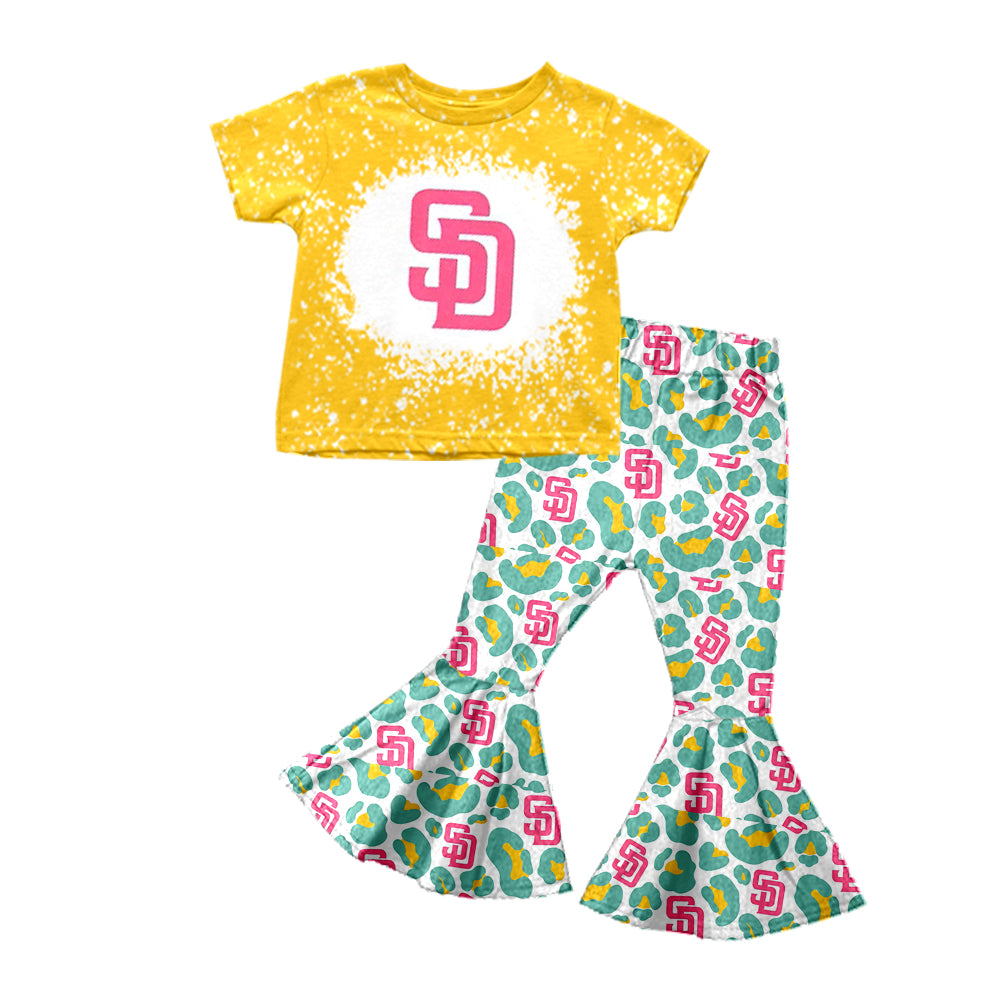 Baby Girls Team Green Pink Tee Shirt Leopard Bell Pants Clothing Sets preorder(moq 5)