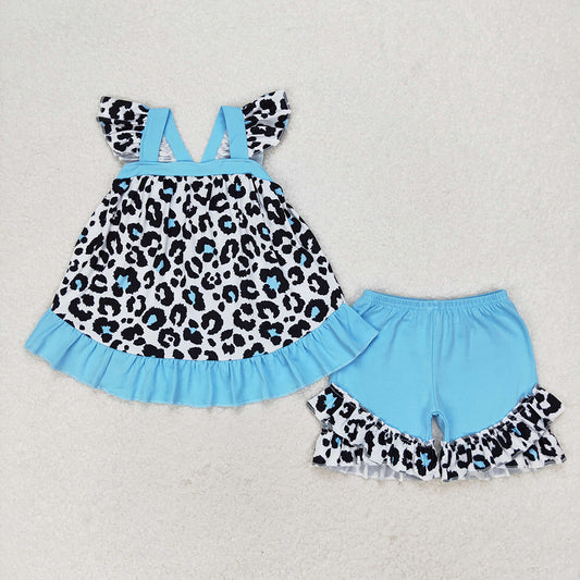 Baby Girls Blue Leopard Tunic Top Ruffle Shorts Clothes Sets