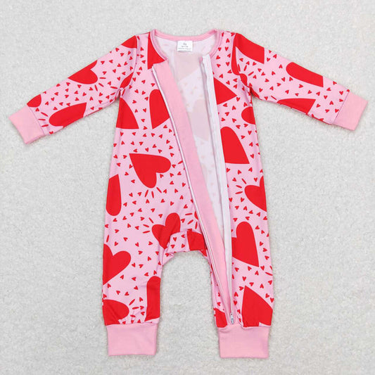 Baby Infant Girls Valentines Pink Red Hearts Zip Long Sleeve Rompers