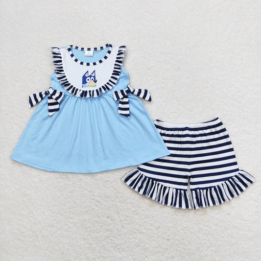 Baby Girls Dog Blue Tunic Top Ruffle Shorts Clothes Sets