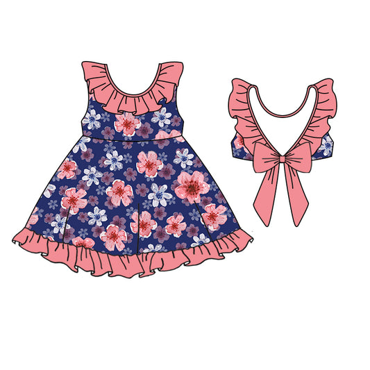 Baby Girls Navy Pink Flowers Ruffle Bows Knee Length Dresses preorder(moq 5)