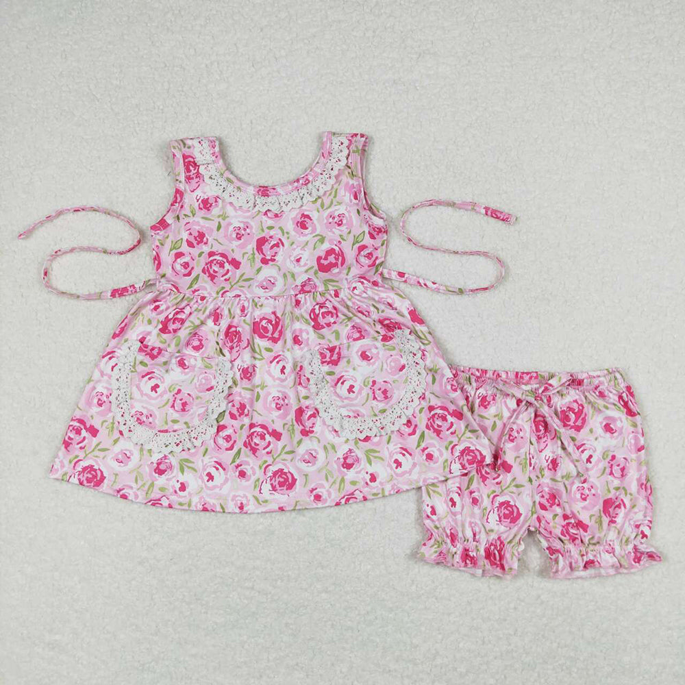 Baby Girls Pink Rose Flowers Tunic Top Ruffle Shorts Clothes Sets