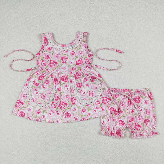 Baby Girls Pink Rose Flowers Tunic Top Ruffle Shorts Clothes Sets