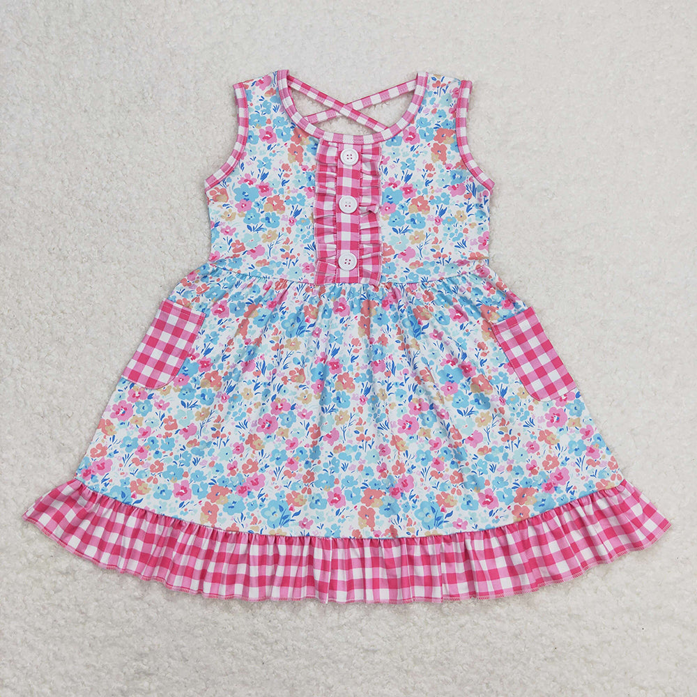 Baby Girls Pink Checkered Floral Sleeveless Pockets Ruffle Dresses