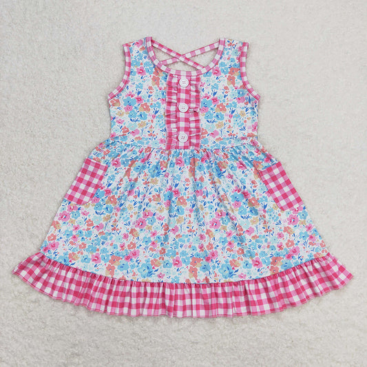 Baby Girls Pink Checkered Floral Sleeveless Pockets Ruffle Dresses