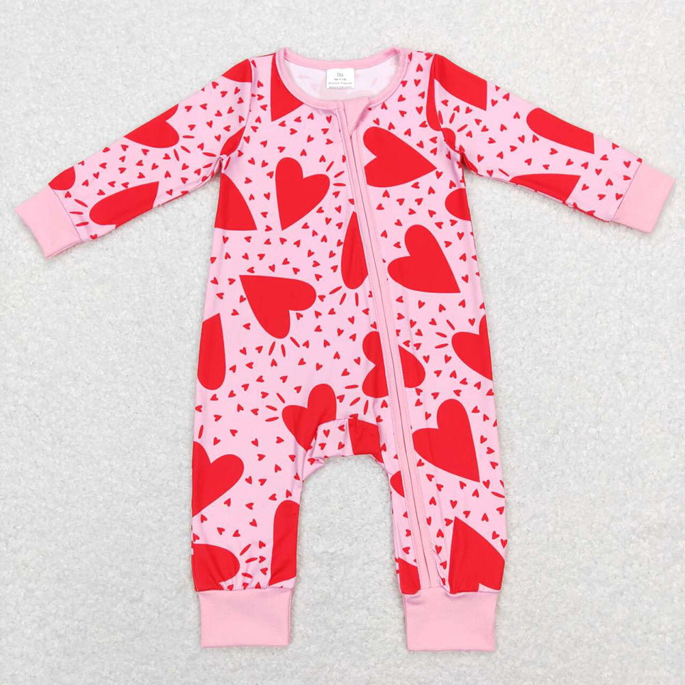 Baby Infant Girls Valentines Pink Red Hearts Zip Long Sleeve Rompers