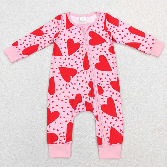 Baby Infant Girls Valentines Pink Red Hearts Zip Long Sleeve Rompers