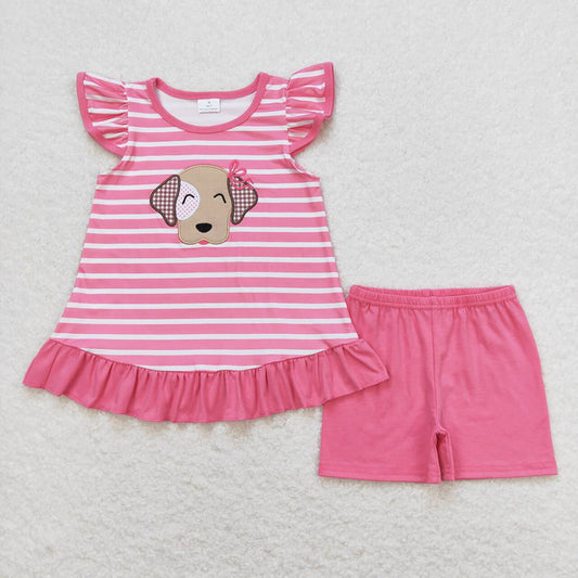 Baby Girls Pink Stripes Dog Tunic Top Shorts Clothes Sets