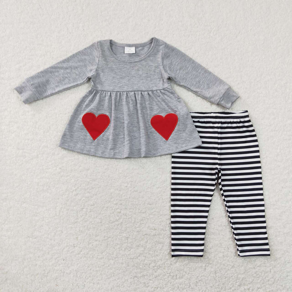 Baby Girls Grey Hearts Pockets Tunic Black Stripes Legging Pants Clothes Sets