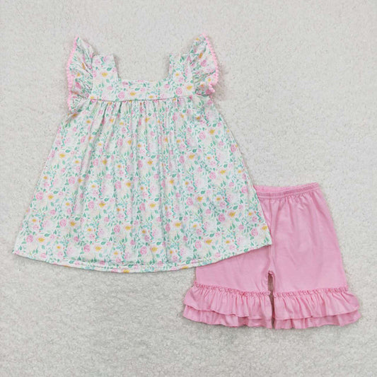 Baby Girls Pink Flowers Tops Ruffle Shorts Clothes Sets