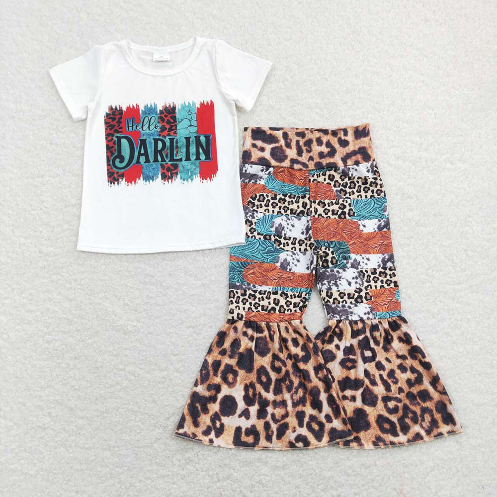 Baby Girls Hello Darlin Tee Shirts Top Leopard Bell Pants Outfits Clothes Sets