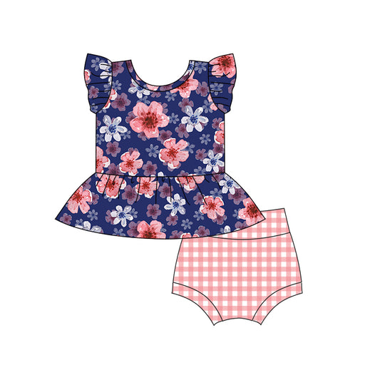 Baby Girls Toddler Navy Pink Flowers Top Bummie Sets preorder(moq 5)