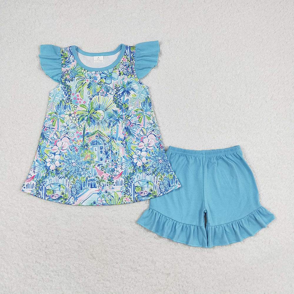 Baby Girls Blue Flowers Pink Tunic Ruffle Shorts Clothes Sets