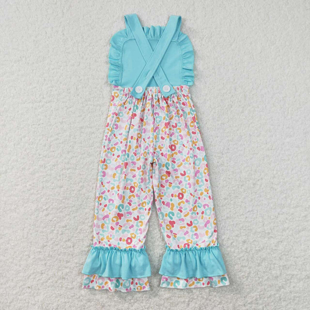 Baby Girls Blue Leopard Straps Ruffle Pants Jumpsuits