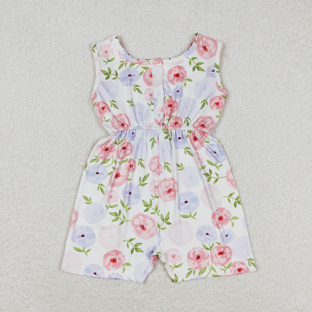 Baby Girls Pink Flowers Sleeveless Shorts Jumpsuits