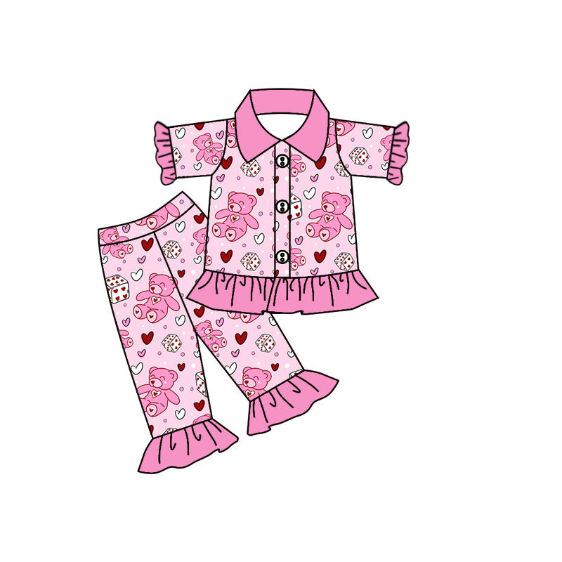 Baby Girls Cute Bear Shirts Pants Pajamas Valentines Clothes Sets preorder(moq 5)