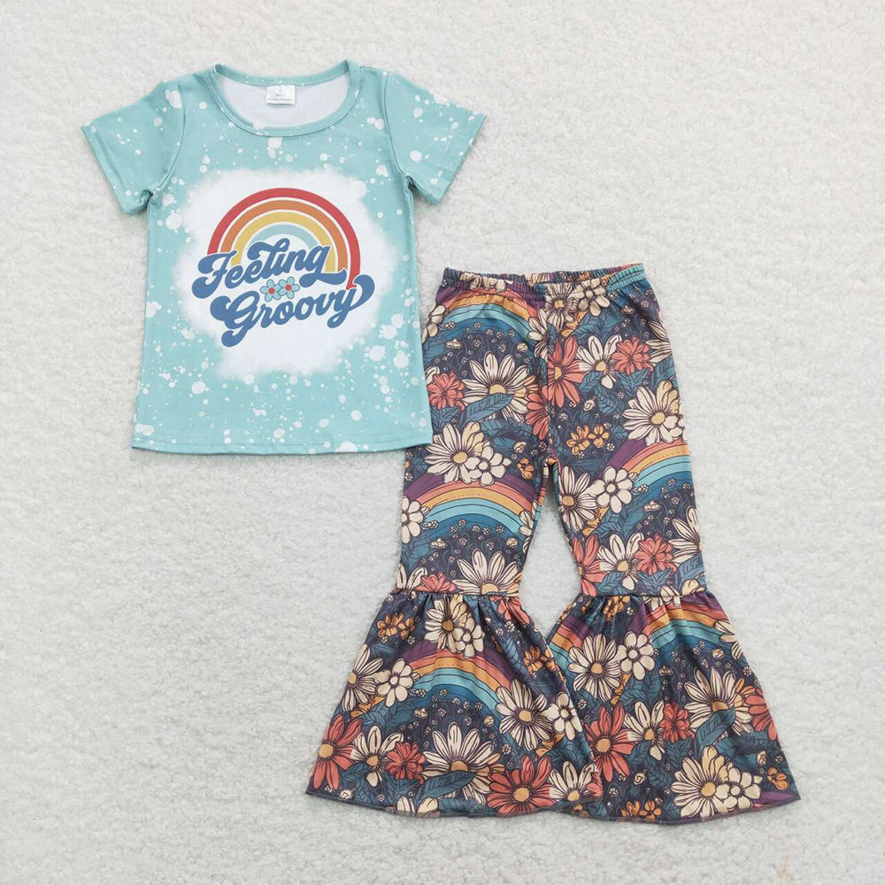 Baby Girls Feeling Groovy Top Rainbow Flowers Bell Pants Clothes Sets