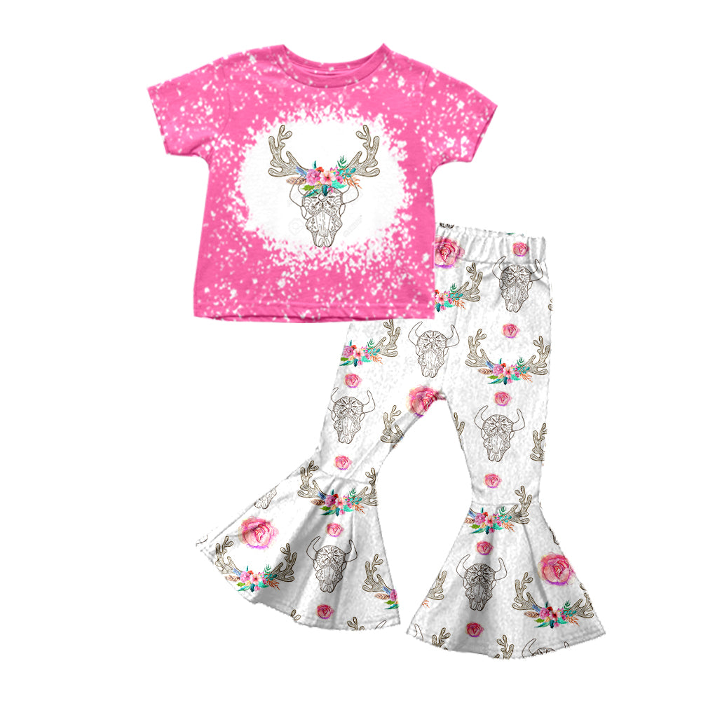 Baby Girls Pink Western Cow Skull Shirt Flare Pants Clothes Sets preorder(moq 5)