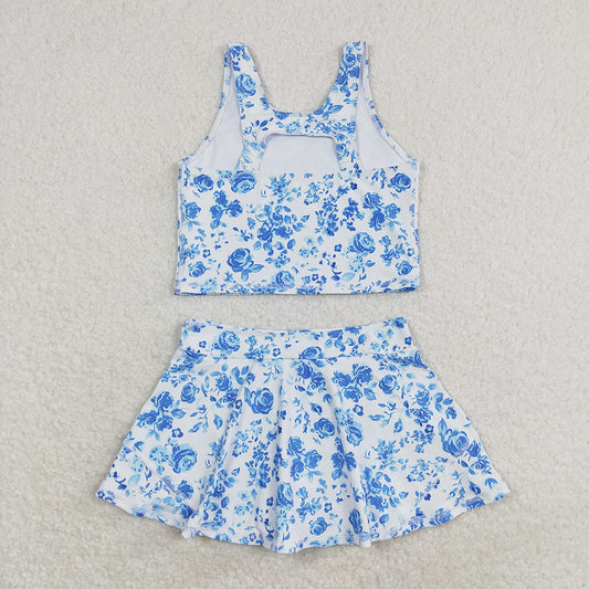 Baby Girls Summer Blue Flowers Top Skirts Active Wear Clothes Sets