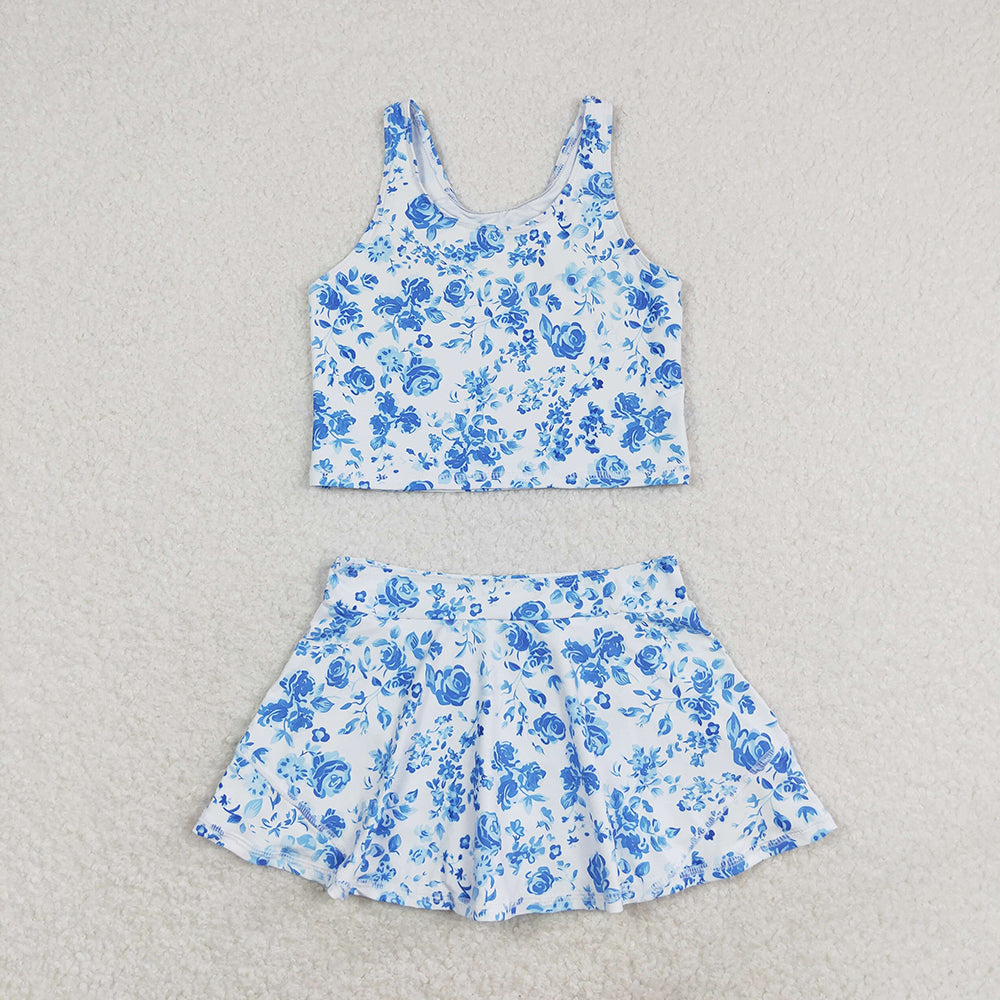 Baby Girls Summer Blue Flowers Top Skirts Active Wear Clothes Sets