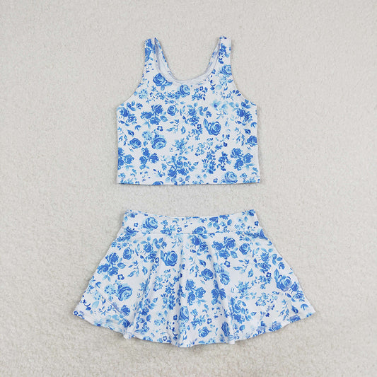 Baby Girls Summer Blue Flowers Top Skirts Active Wear Clothes Sets