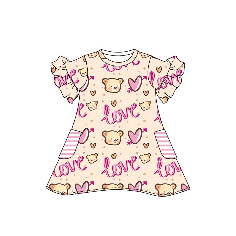 Baby Girls Cute Bear Love Valentines Short Sleeve Pockets Dresses preorder(moq 5)