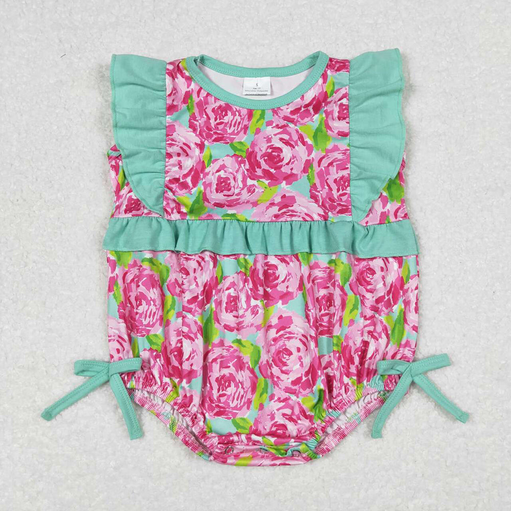 Baby Infant Girls Ruffle Pink Rose Flowers Rompers