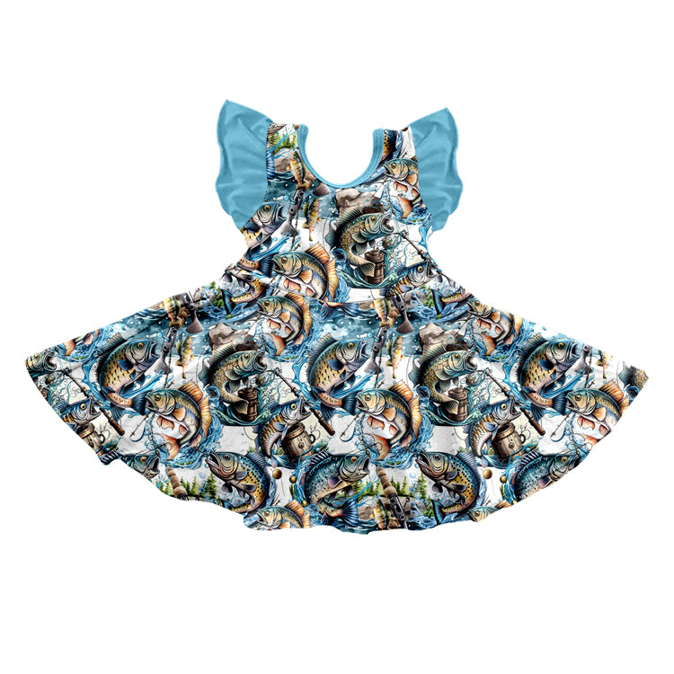 Baby Girls Fishing Blue Flutter Sleeve Knee Length Dresses preorder(moq 5)