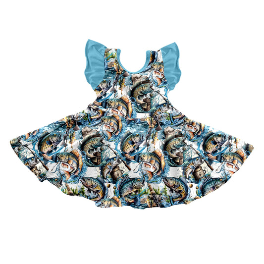 Baby Girls Fishing Blue Flutter Sleeve Knee Length Dresses preorder(moq 5)