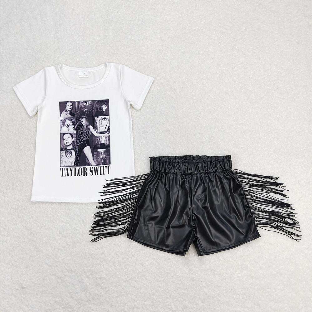 Baby Girls White Singer Shirts Tops Leather Black Tassel Shorts Clothes Sets
