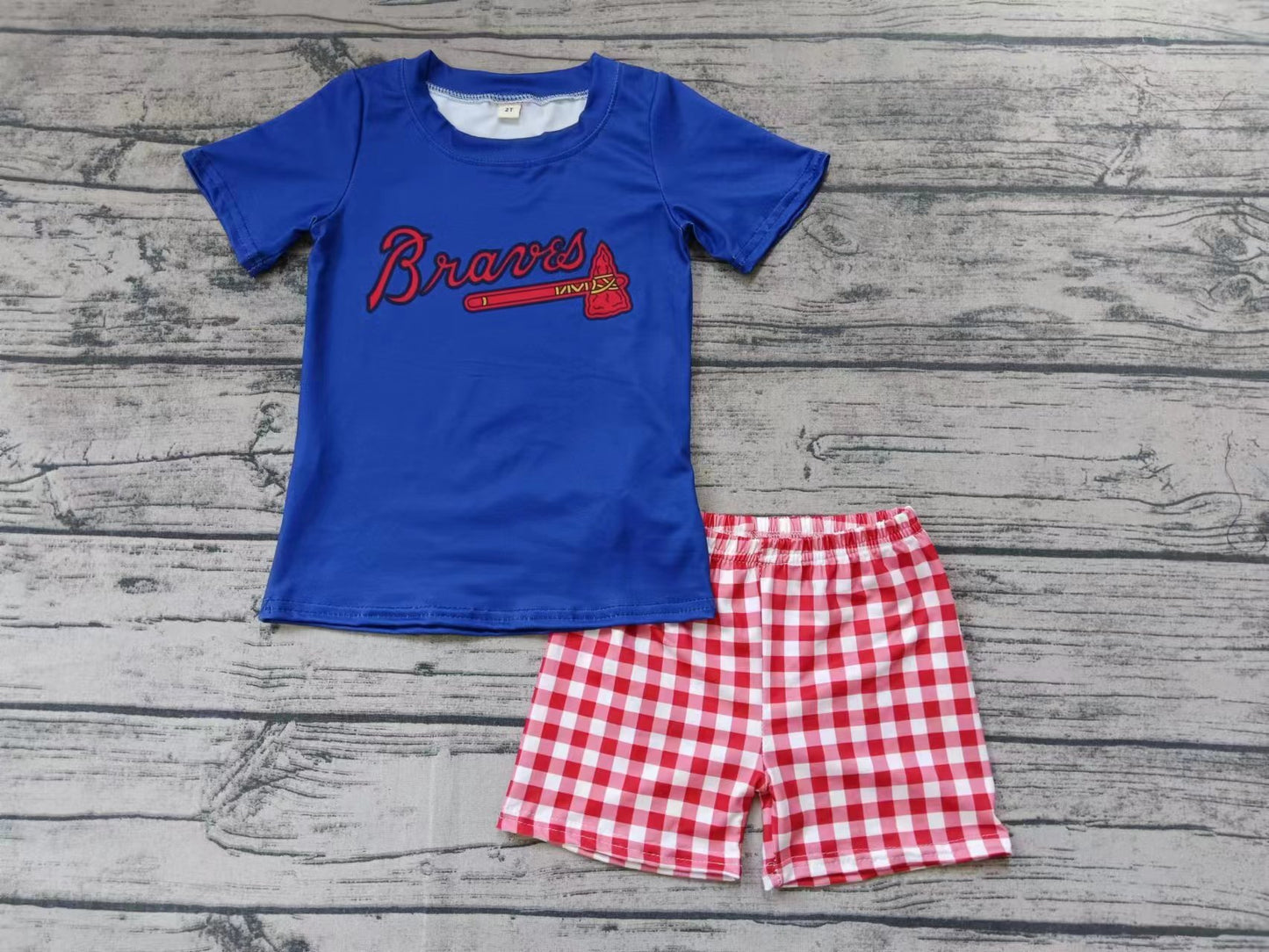 Baby Boys Braves Shirt Red Checkered Pockets Shorts Clothes Sets Preorder(moq 5)