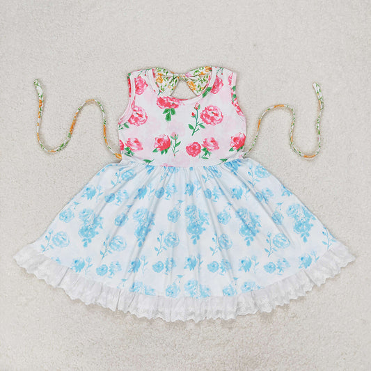 Baby Girls Pink Flowers Blue Belt Floral Ruffle Knee Length Dresses