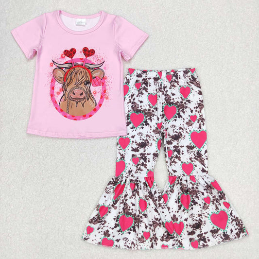 Baby Girls Valentines Cow Shirt Heart Bell Pants Clothes Sets