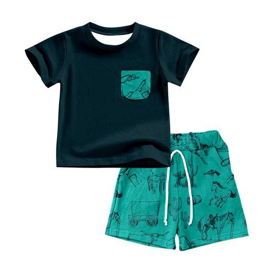 Baby Boys Western Pocket Shirt Horse Cactus Shorts Clothes Sets preorder(moq 5)