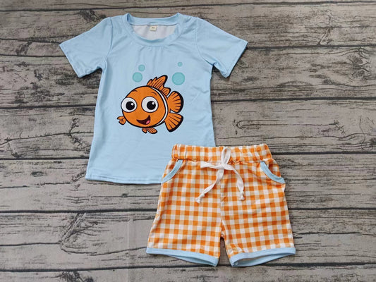 Baby Boys Fish Shirt Orange Checkered Pockets Shorts Clothes Sets Preorder(moq 5)