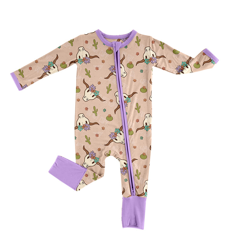 Baby Girls Purple Cow Skull Western Zip Sleepers Rompers preorder(moq 5)