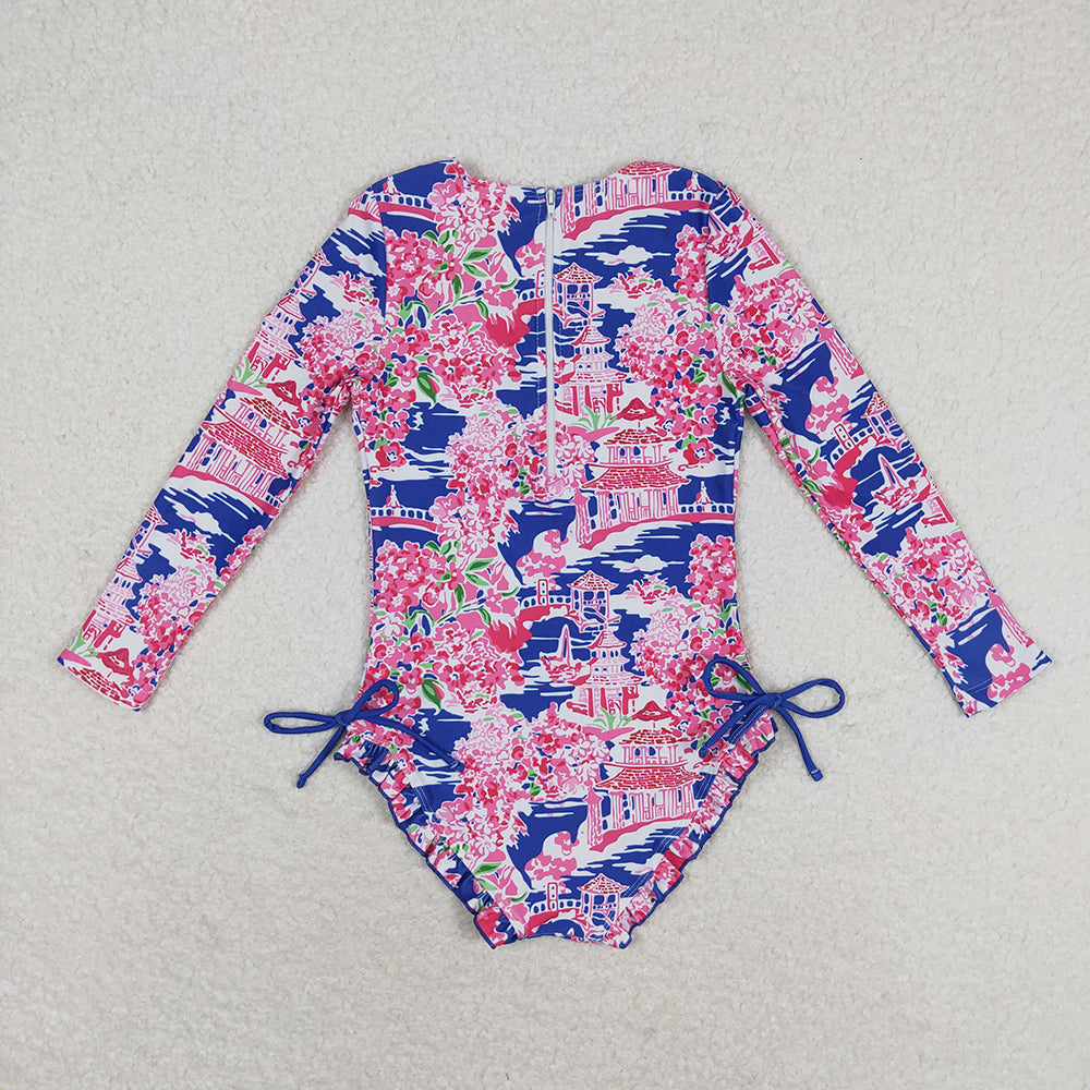 Baby Girls Pavilion Flowers Long Sleeve One Piece Swimsuits