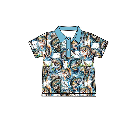 Baby Boys Fish Blue Buttons Short Sleeve Tee Shirts Tops preorder(moq 5)