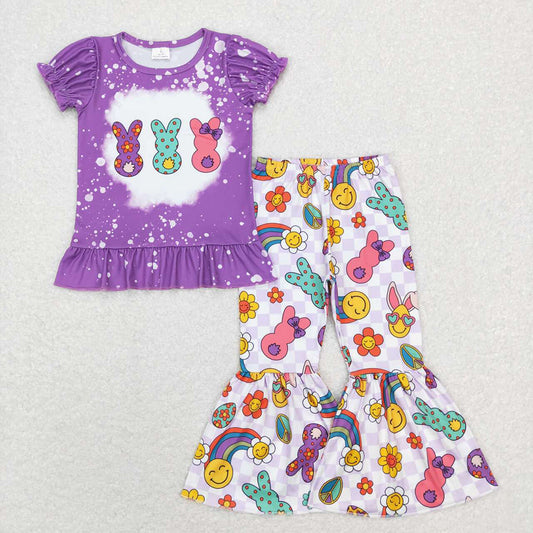 Baby Girls Purple Easter Rabbits Short Sleeve Top Flare Pants Outfits Clothes Sets