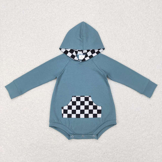 Baby Infant Blue Black Checkered Long Sleeve Hooded Rompers