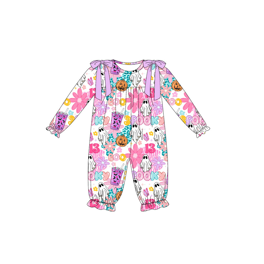Preorder moq 5 Baby Girls Long Ruffle Sleeves Flowers Ghost Pumpkins Pant Rompers