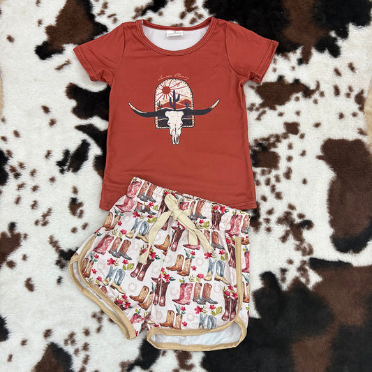 Baby Girls Western Cow Skull Shirt Boots Shorts Outfits Sets