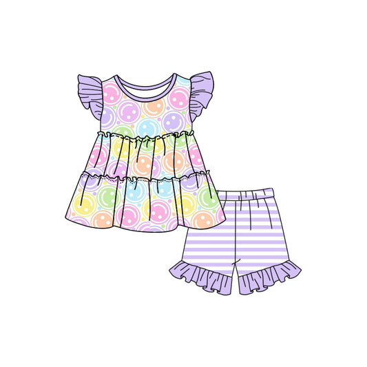 Baby Girls Colorful Smile Tunic Top Ruffle Shorts Clothes Sets preorder(moq 5)