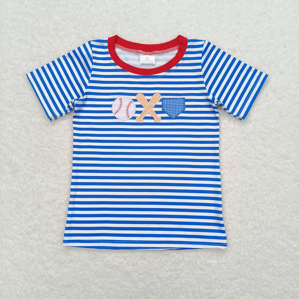 Baby Boys Blue Stripes Baseball Short Sleeve Tee Shirts Tops